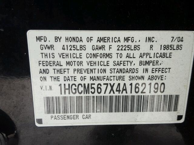 1HGCM567X4A162190 - 2004 HONDA ACCORD EX BLACK photo 10