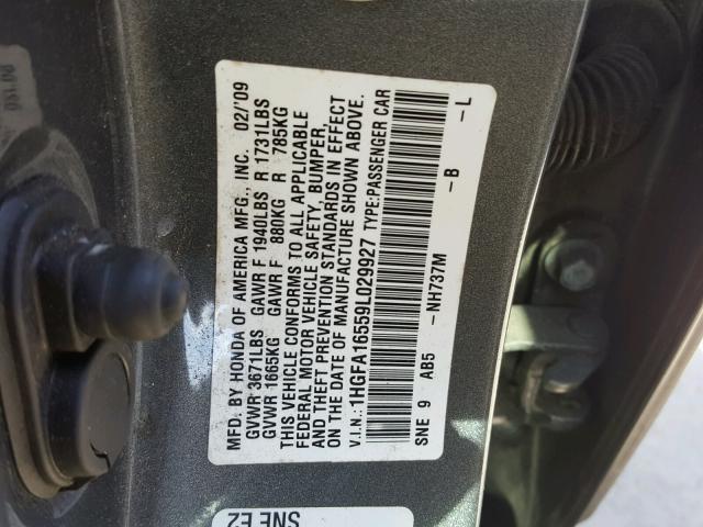 1HGFA16559L029927 - 2009 HONDA CIVIC LX GRAY photo 10