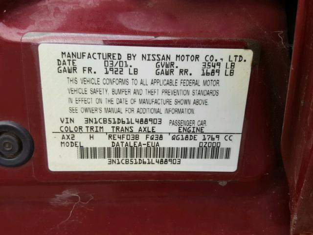 3N1CB51D61L488903 - 2001 NISSAN SENTRA XE RED photo 10