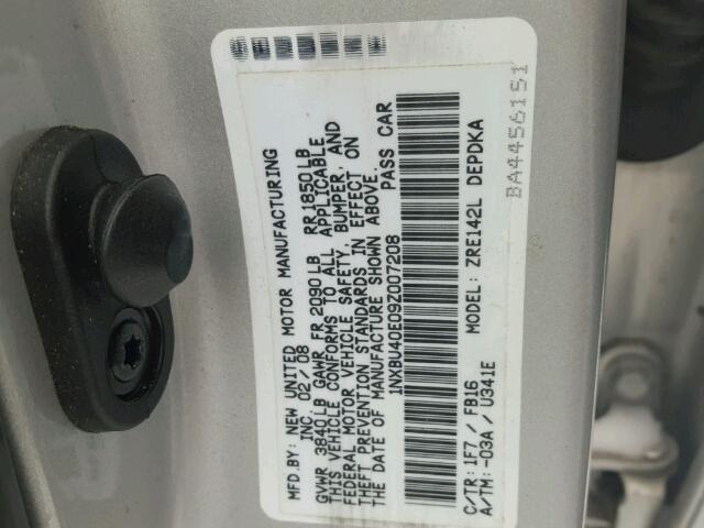 1NXBU40E09Z007208 - 2009 TOYOTA COROLLA BA SILVER photo 10