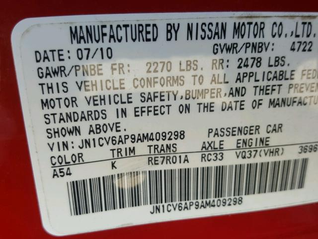 JN1CV6AP9AM409298 - 2010 INFINITI G37 BASE RED photo 10