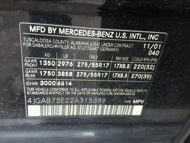 4JGAB75E22A315399 - 2002 MERCEDES-BENZ ML 500 BLACK photo 10