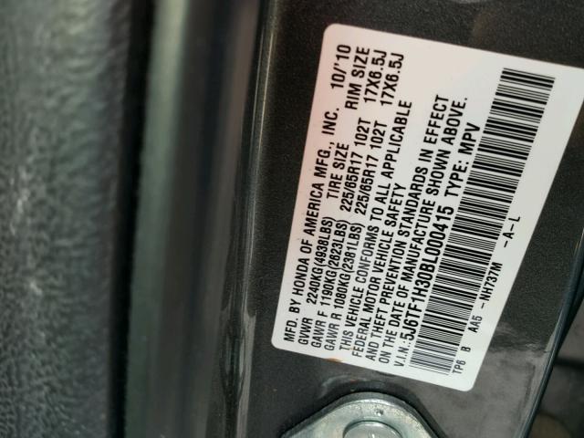 5J6TF1H30BL000415 - 2011 HONDA ACCORD CRO GRAY photo 10