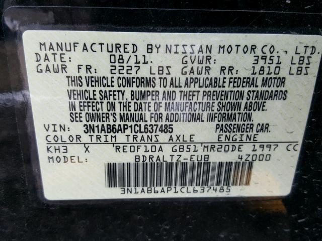 3N1AB6AP1CL637485 - 2012 NISSAN SENTRA 2.0 BLACK photo 10