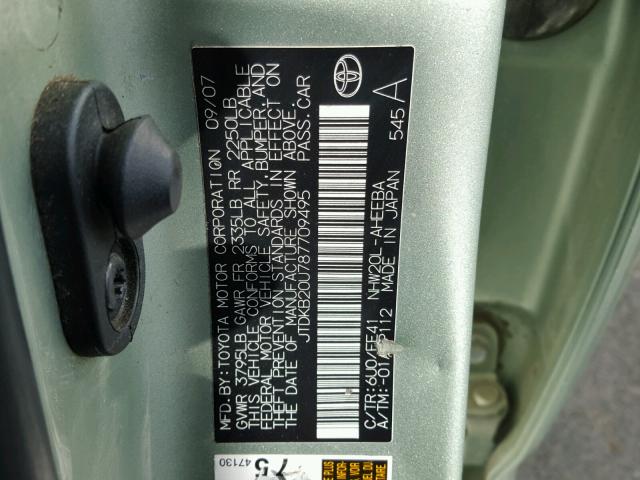 JTDKB20U787709495 - 2008 TOYOTA PRIUS GREEN photo 10