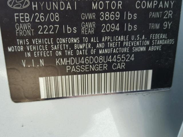 KMHDU46D08U445524 - 2008 HYUNDAI ELANTRA GL SILVER photo 10