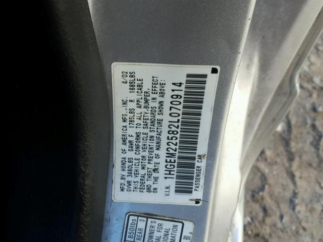 1HGEM22582L070914 - 2002 HONDA CIVIC LX SILVER photo 10