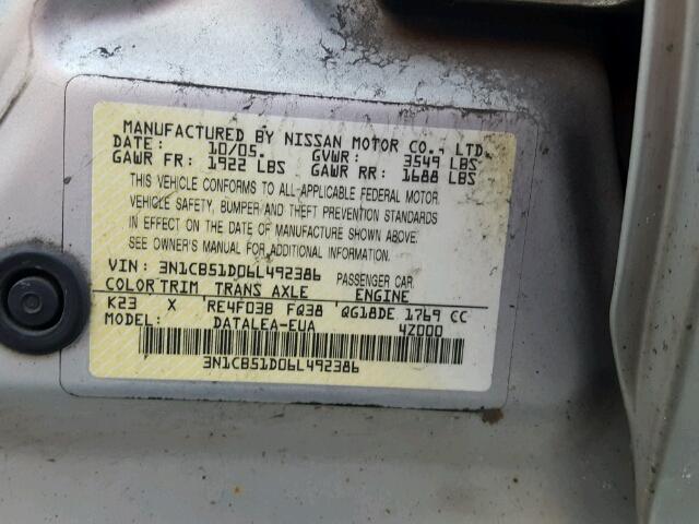 3N1CB51D06L492386 - 2006 NISSAN SENTRA 1.8 GRAY photo 10