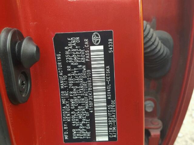 4T1BF3EK7BU682109 - 2011 TOYOTA CAMRY BASE RED photo 10