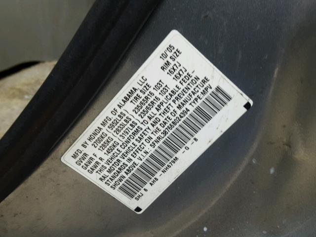 5FNRL38766B024394 - 2006 HONDA ODYSSEY EX GRAY photo 10