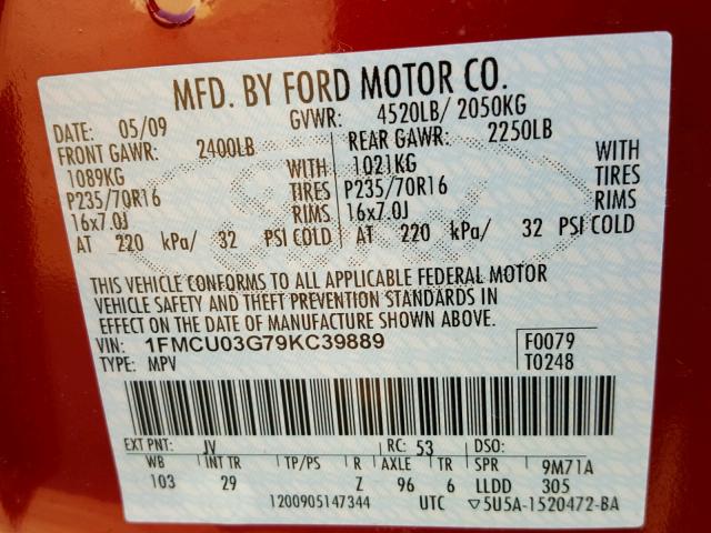 1FMCU03G79KC39889 - 2009 FORD ESCAPE XLT RED photo 10