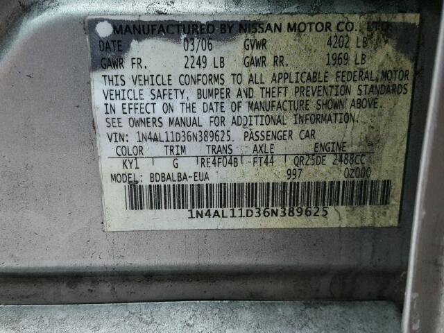 1N4AL11D36N389625 - 2006 NISSAN ALTIMA S SILVER photo 10