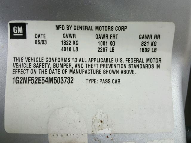 1G2NF52E54M503732 - 2004 PONTIAC GRAND AM S SILVER photo 10