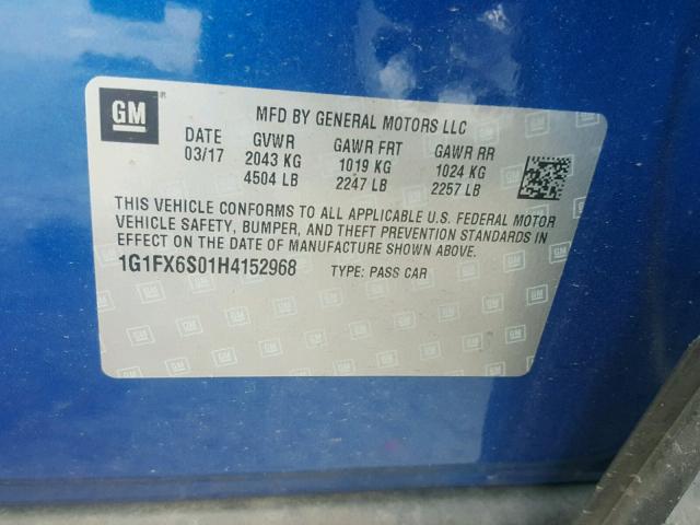 1G1FX6S01H4152968 - 2017 CHEVROLET BOLT EV PR BLUE photo 10