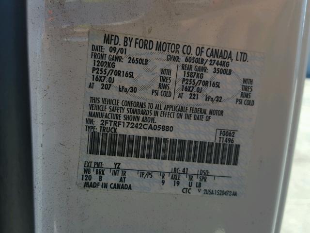 2FTRF17242CA05880 - 2002 FORD F150 WHITE photo 10