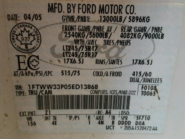 1FTWW33P05ED13868 - 2005 FORD F350 SUPER WHITE photo 10