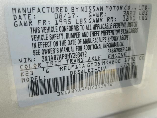 3N1AB7AP9HY393472 - 2017 NISSAN SENTRA S SILVER photo 10