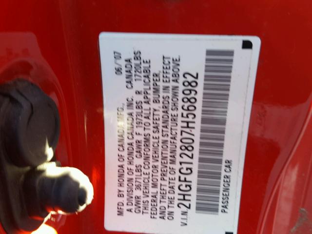 2HGFG12807H568982 - 2007 HONDA CIVIC EX 红色 照片 10
