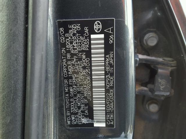 JTDBT923081251070 - 2008 TOYOTA YARIS CHARCOAL photo 10