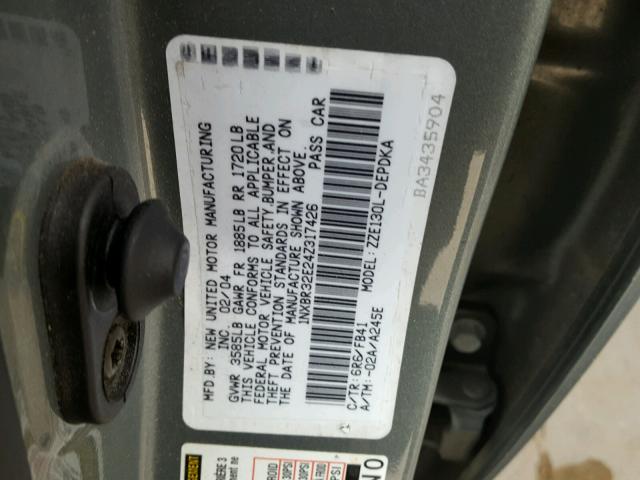 1NXBR32E24Z317426 - 2004 TOYOTA COROLLA CE SILVER photo 10