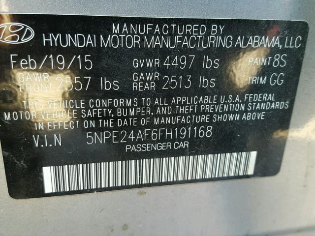 5NPE24AF6FH191168 - 2015 HYUNDAI SONATA SE SILVER photo 10