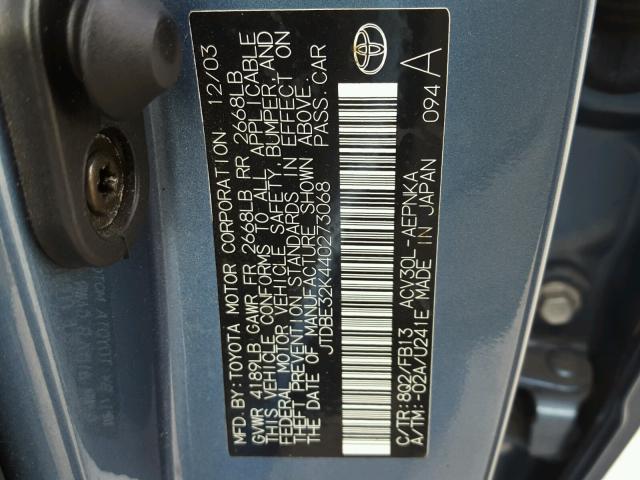 JTDBE32K440273068 - 2004 TOYOTA CAMRY LE ლურჯი ფოტო 10