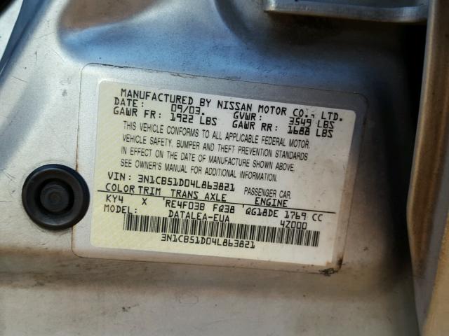 3N1CB51D04L863821 - 2004 NISSAN SENTRA 1.8 SILVER photo 10