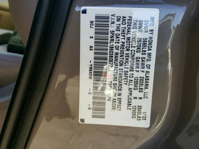 5FNRL18603B057723 - 2003 HONDA ODYSSEY EX TAN photo 10