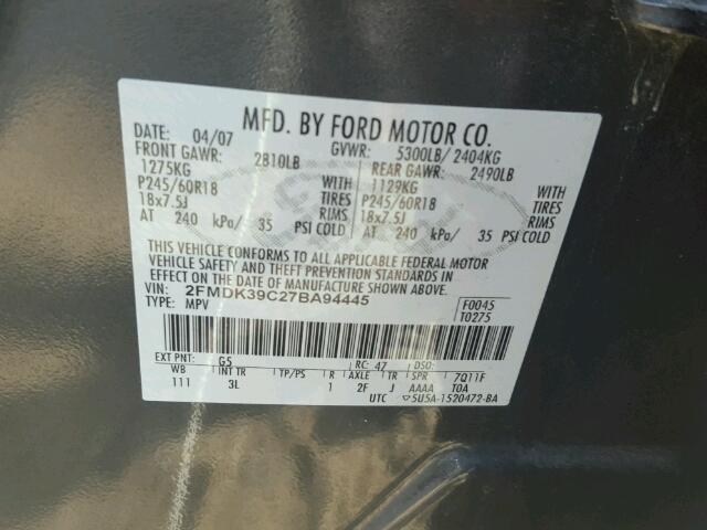 2FMDK39C27BA94445 - 2007 FORD EDGE SEL P GRAY photo 10