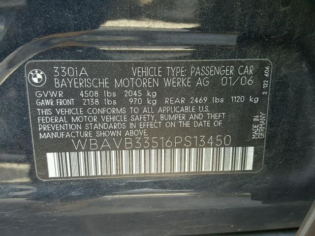 WBAVB33516PS13450 - 2006 BMW 330 I BLUE photo 10