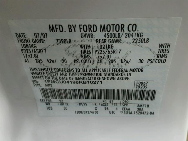 1FMCU04198KB10271 - 2008 FORD ESCAPE LIM WHITE photo 10