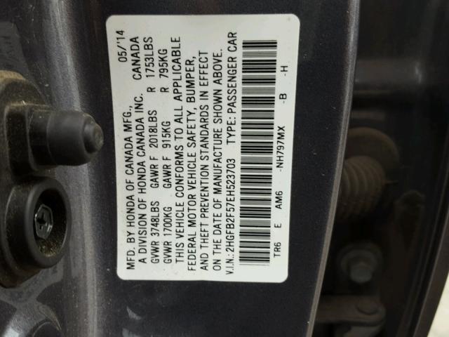 2HGFB2F57EH523703 - 2014 HONDA CIVIC LX GRAY photo 10