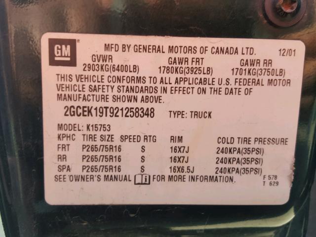 2GCEK19T921258348 - 2002 CHEVROLET SILVERADO GREEN photo 10