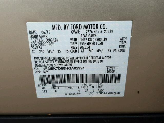 1FM5K7D88HGA02991 - 2017 FORD EXPLORER X GOLD photo 10