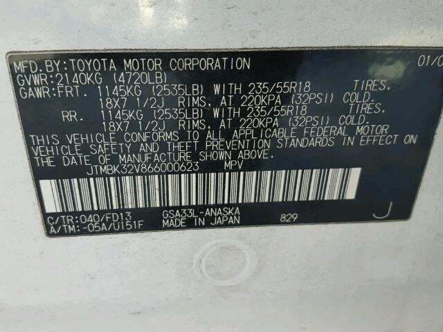 JTMBK32V866000623 - 2006 TOYOTA RAV4 SPORT WHITE photo 10