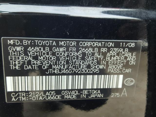 JTHBJ46G792300295 - 2009 LEXUS ES 350 BLACK photo 10