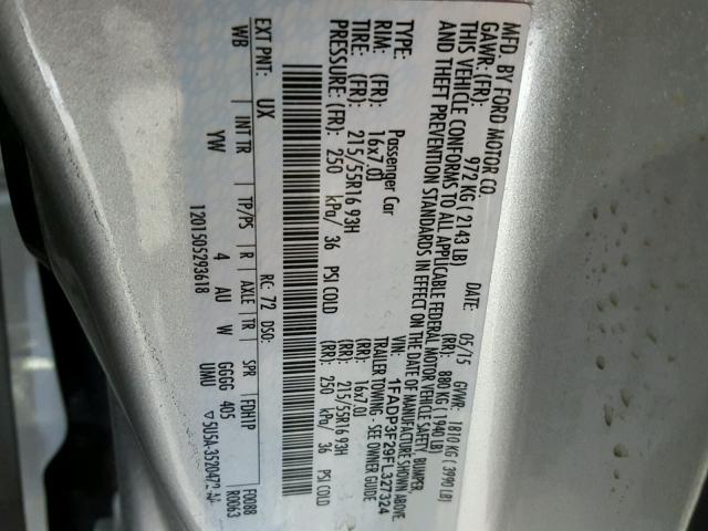 1FADP3F29FL327324 - 2015 FORD FOCUS SE SILVER photo 10