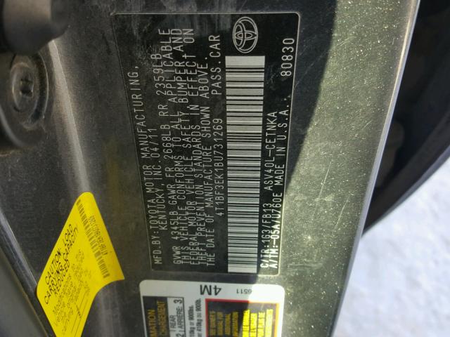 4T1BF3EK1BU731269 - 2011 TOYOTA CAMRY BASE GRAY photo 10