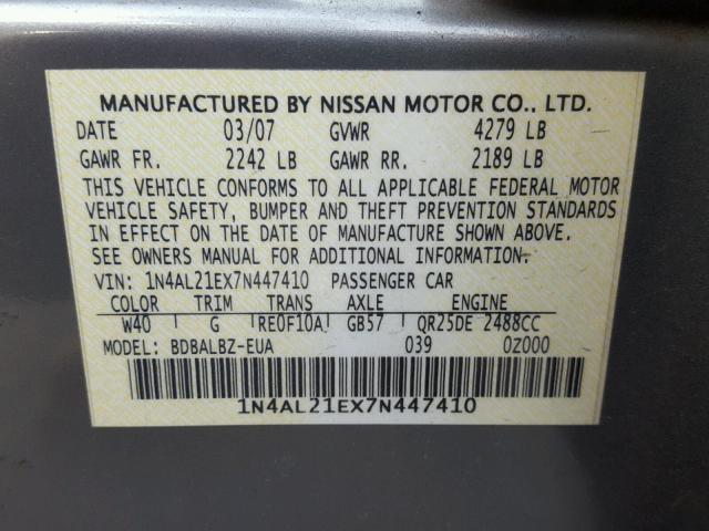 1N4AL21EX7N447410 - 2007 NISSAN ALTIMA 2.5 GRAY photo 10