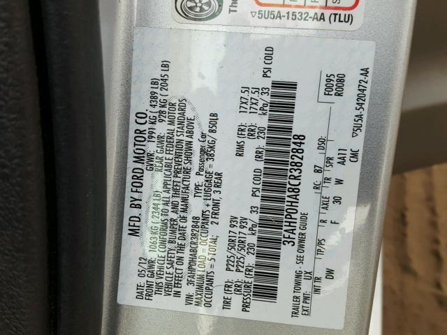 3FAHP0HA8CR382848 - 2012 FORD FUSION SE SILVER photo 10