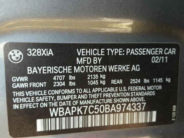 WBAPK7C50BA974337 - 2011 BMW 328 XI GRAY photo 10