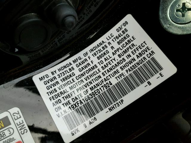 19XFA16839E017924 - 2009 HONDA CIVIC EX შავი ფოტო 10