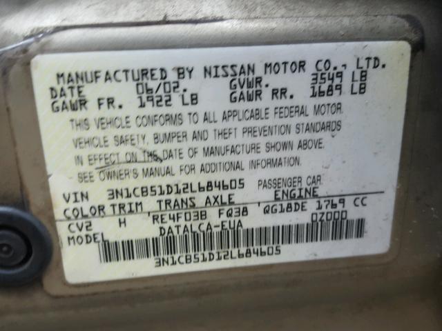 3N1CB51D12L684605 - 2002 NISSAN SENTRA XE GOLD photo 10