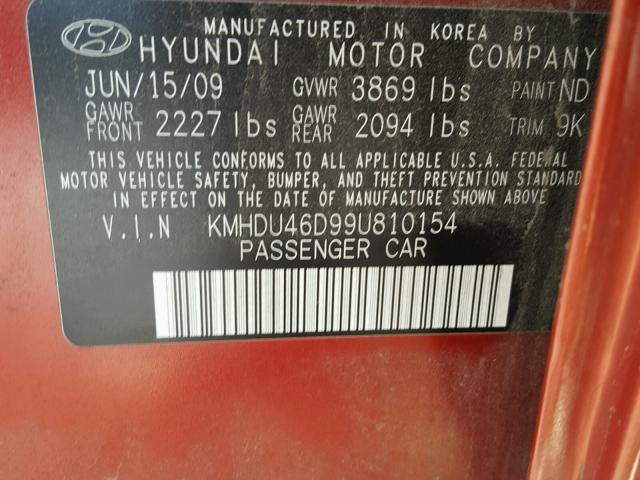 KMHDU46D99U810154 - 2009 HYUNDAI ELANTRA GL RED photo 10