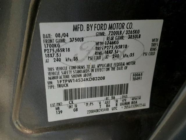 1FTPW14534KD83208 - 2004 FORD F150 SUPER CHARCOAL photo 10