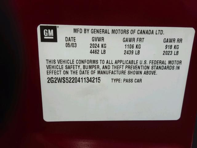 2G2WS522041134215 - 2004 PONTIAC GRAND PRIX BURGUNDY photo 10