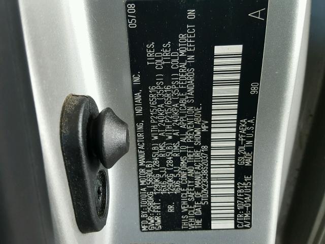 5TDZK23C38S203718 - 2008 TOYOTA SIENNA CE SILVER photo 10