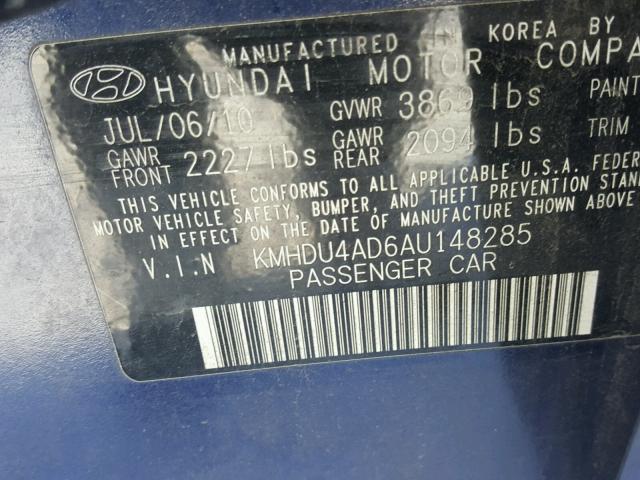 KMHDU4AD6AU148285 - 2010 HYUNDAI ELANTRA BL BLUE photo 10