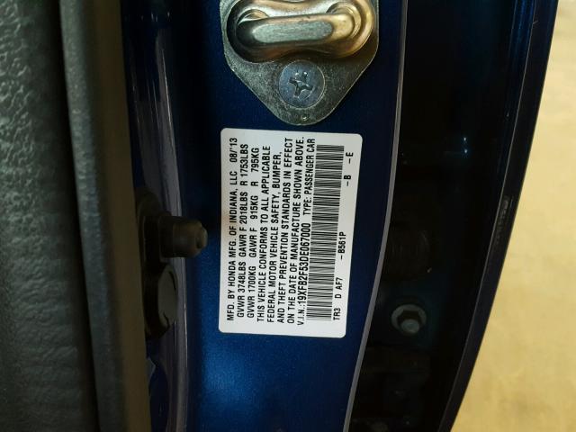 19XFB2F53DE067000 - 2013 HONDA CIVIC LX BLUE photo 10