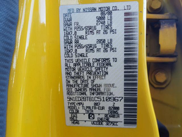 5N1ED28T81C510967 - 2001 NISSAN XTERRA XE YELLOW photo 10